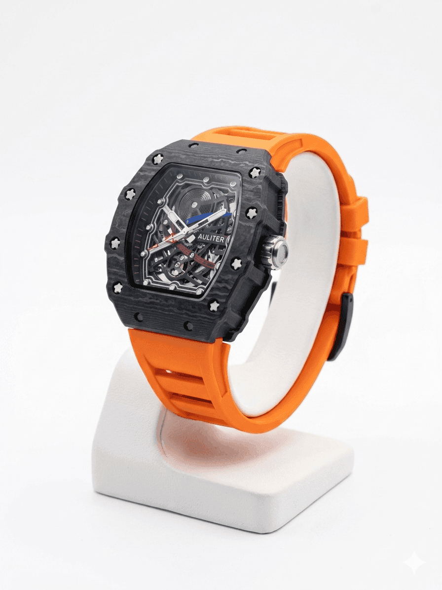 Men's Orange Skeleton Sport Watch | RM Inspired Design | Durable Silicone Strap