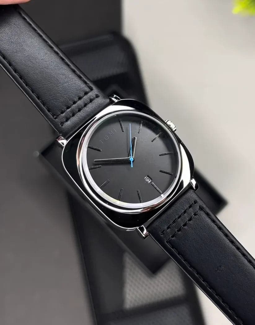 TOMI Original Men’s Black Leather Watch | Analog Date Display | Premium Stainless Steel