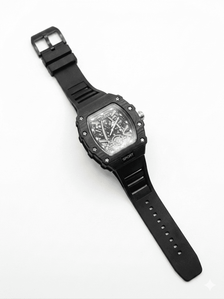 Men's Black Skeleton Sport Watch | RM Inspired Design | Durable Silicone Strap