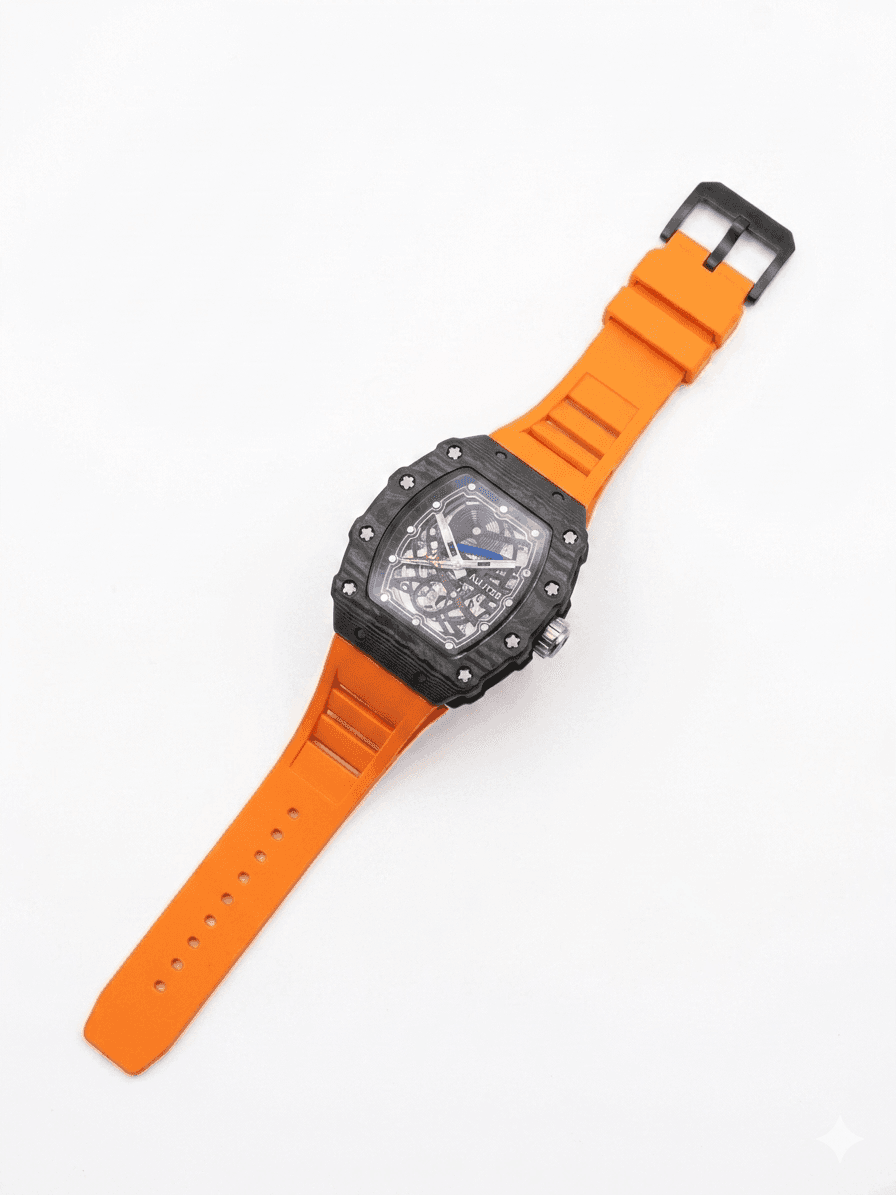 Men's Orange Skeleton Sport Watch | RM Inspired Design | Durable Silicone Strap