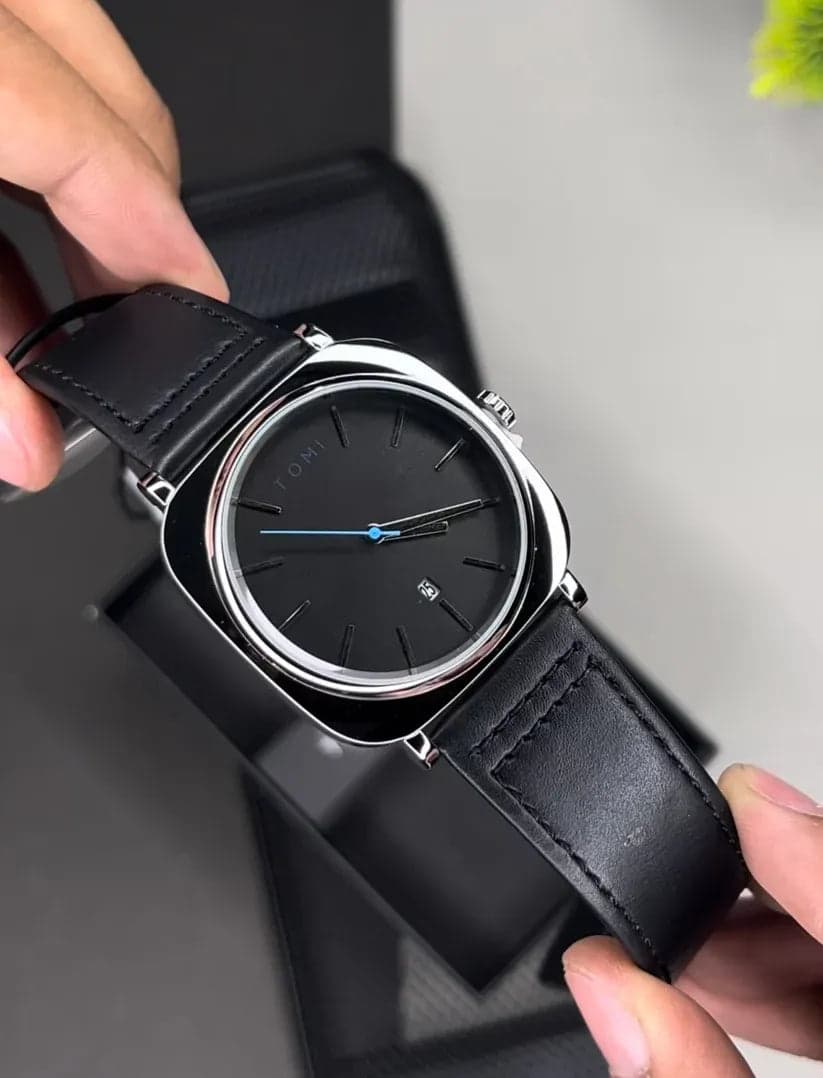 TOMI Original Men’s Black Leather Watch | Analog Date Display | Premium Stainless Steel