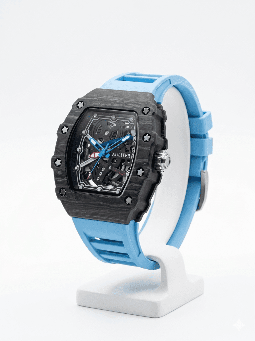 Men's Sky Blue Skeleton Sport Watch | RM Inspired Design | Durable Silicone Strap