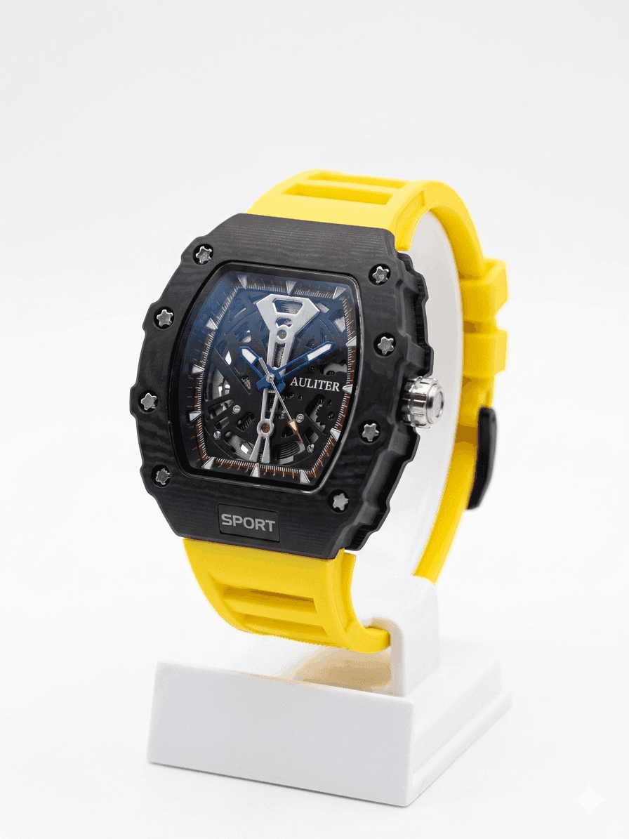 Men's Yellow Skeleton Sport Watch | RM Inspired Design | Durable Silicone Strap