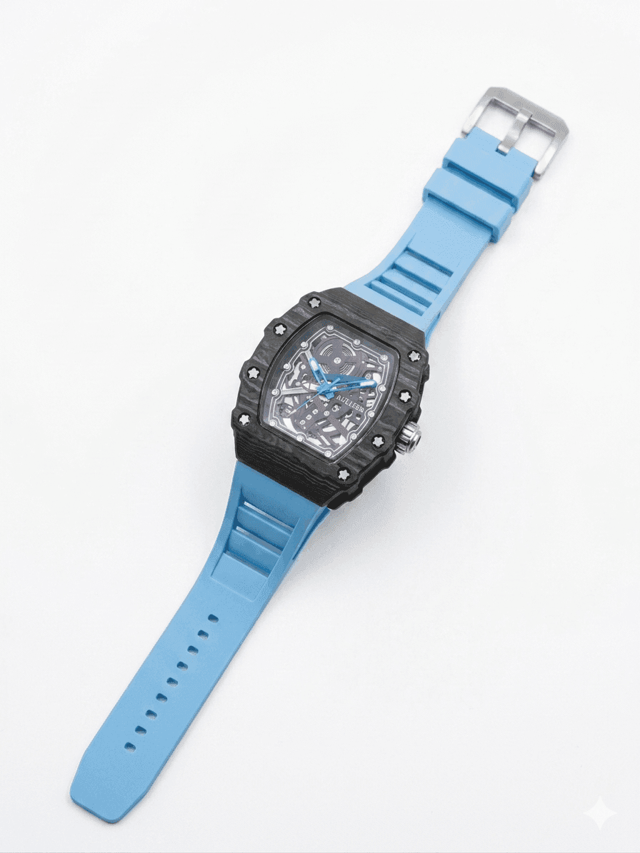 Men's Sky Blue Skeleton Sport Watch | RM Inspired Design | Durable Silicone Strap