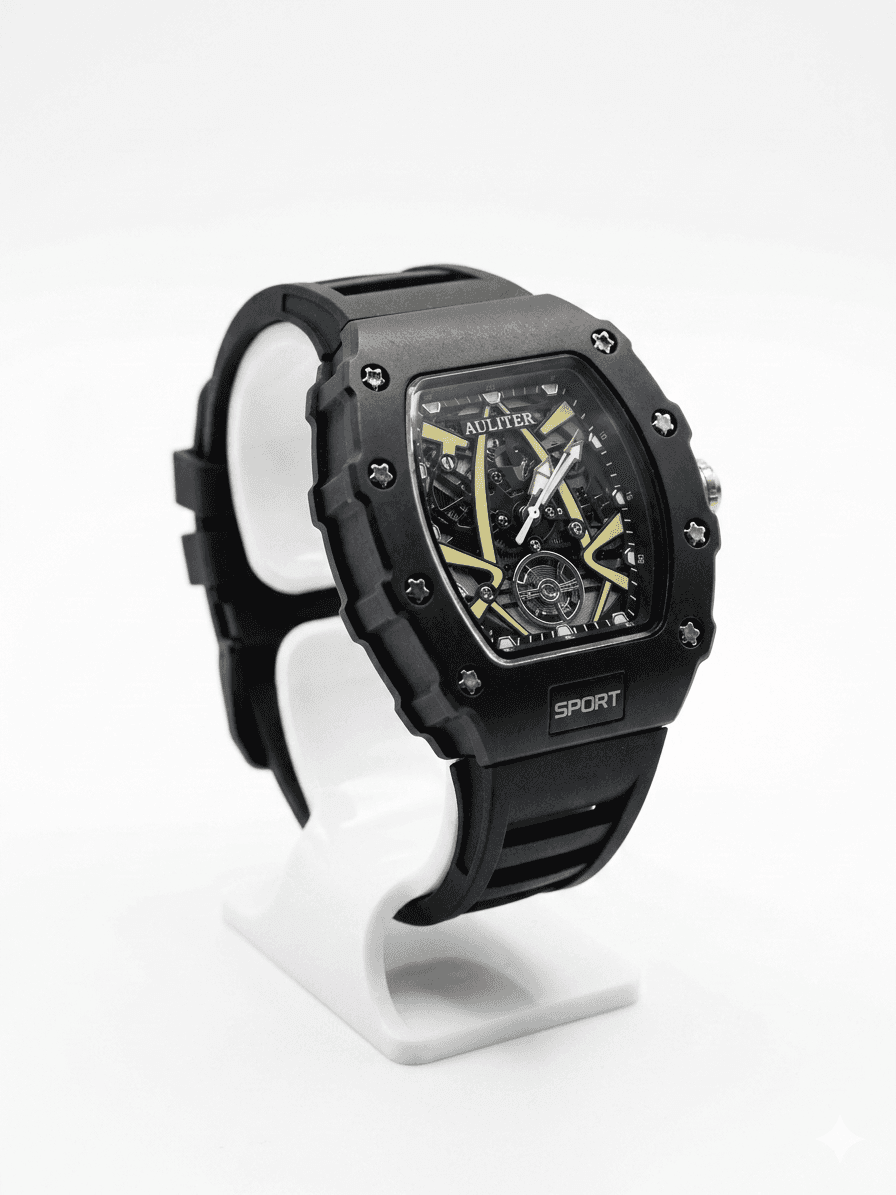 Men's Black Skeleton Sport Watch | RM Inspired Design | Durable Silicone Strap